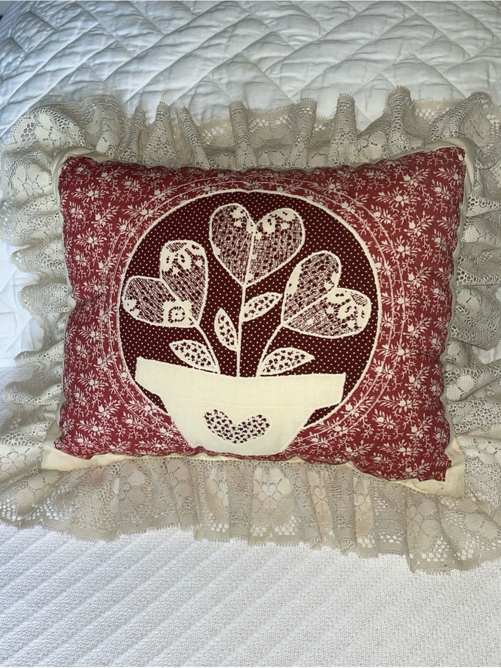Vintage Red Heart Floral Appliqué Decorative Pillow 12x10 Cottage Vibe